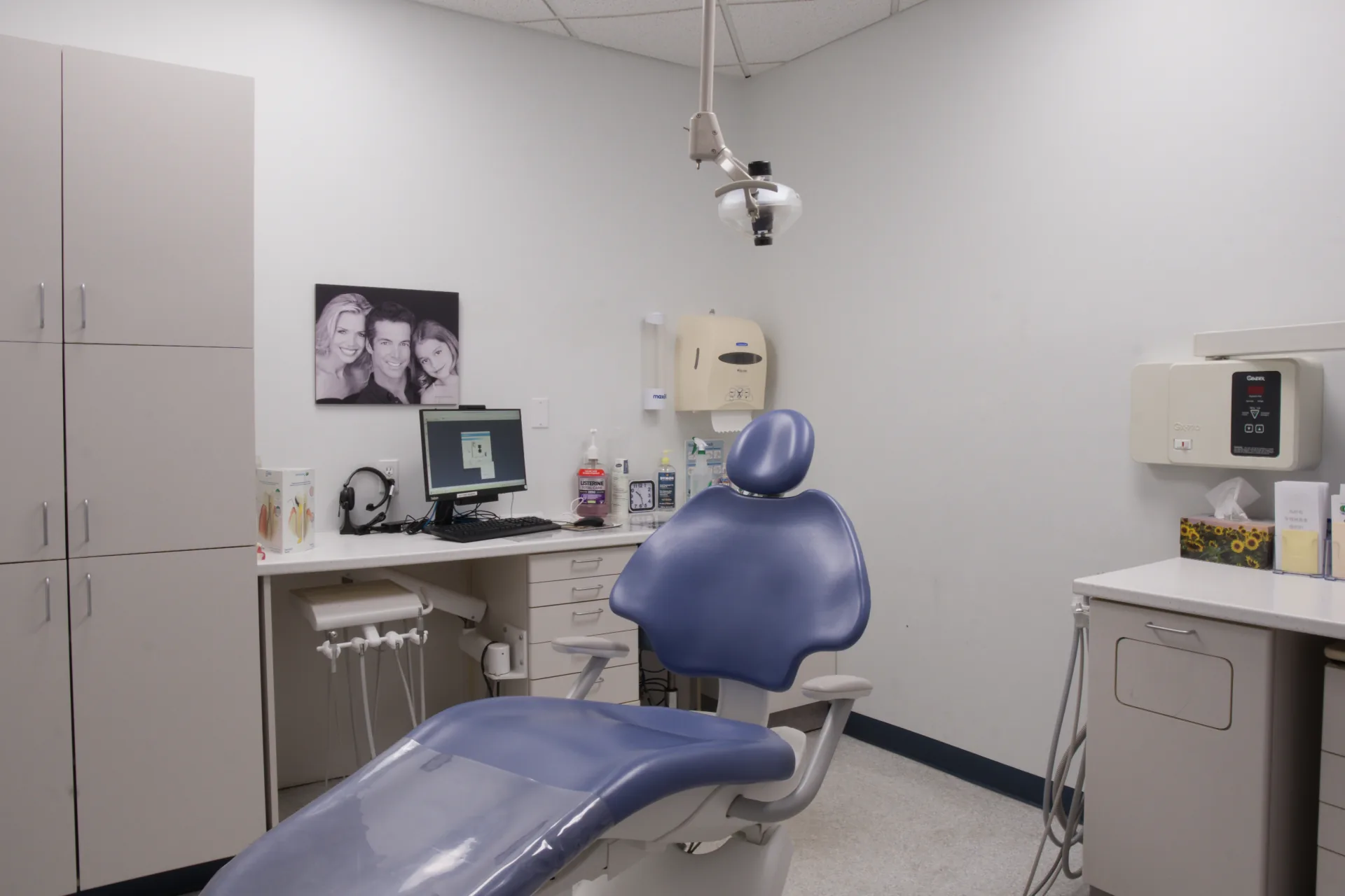 New blue patient chair in the second dental treatment room